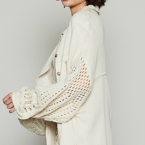 P58. NEW POL Natural Cream Crochet Knit Sleeve Button Down Shirt Cotton - Picture 5 of 9